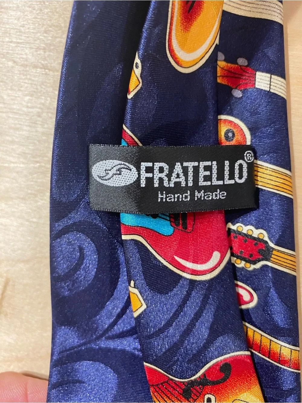 Fratello Men's Navy Tie with Colorful Guitar Print (RO)